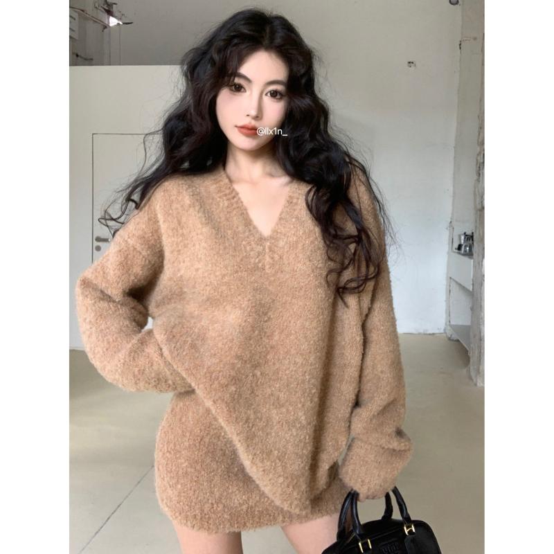 春 コーデ レディース ファッション オシャレ カワイイ シンプル きれいめ ナチュラル 上品カジュアル 婦人服 ニット スーツ Vネック スリム プルオーバー セーター ハイウエスト スカート
