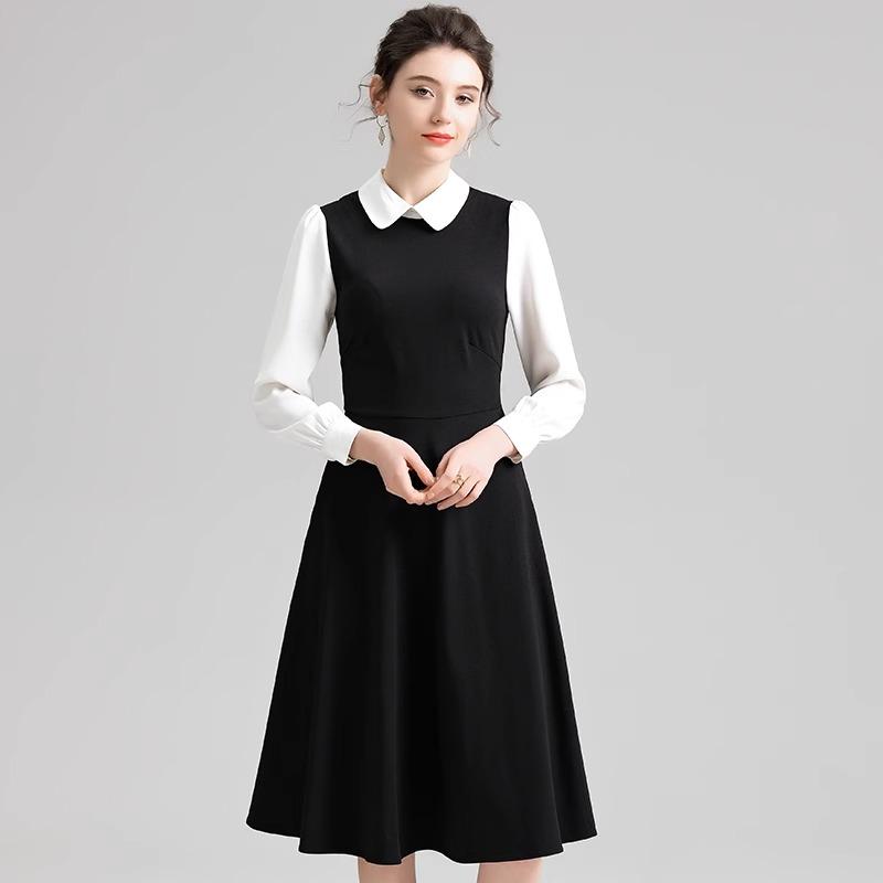 春 コーデ レディース ファッション オシャレ カワイイ シンプル きれいめ ナチュラル 上品カジュアル 婦人服 フェイク ツーピース ポロカラー ドレス 長袖 ウエスト ブラック