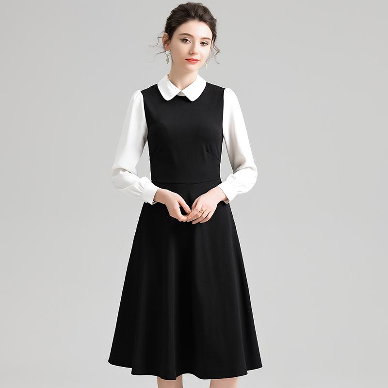 春 コーデ レディース ファッション オシャレ カワイイ シンプル きれいめ ナチュラル 上品カジュアル 婦人服 軽 フェイク ツーピース ポロカラー 長袖 ドレス ウエスト 黒