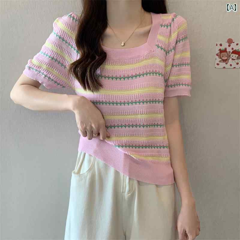 春 コーデ レディース ファッション オシャレ カワイイ シンプル きれいめ ナチュラル 上品カジュアル 婦人服 大きいサイズ 花柄 半袖 ニット セーター 夏 スクエアネック ストレート ショルダー トップス