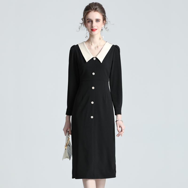 春 コーデ レディース ファッション オシャレ カワイイ シンプル きれいめ ナチュラル 上品カジュアル 婦人服 フレンチ クラシック 黒 ドレス ウエスト スリミング 長袖