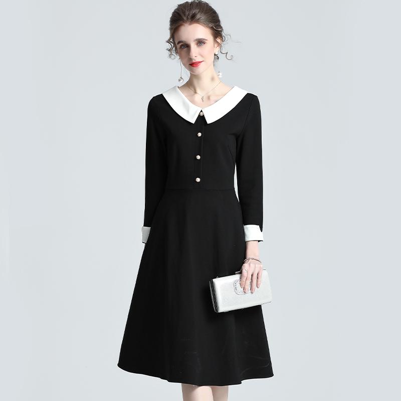 春 コーデ レディース ファッション オシャレ カワイイ シンプル きれいめ ナチュラル 上品カジュアル 婦人服 ドール カラー 黒 ドレス スリムフィット ミドル丈