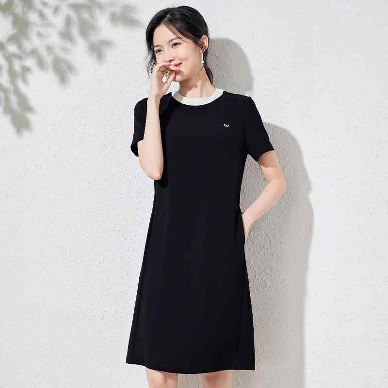 春 コーデ レディース ファッション オシャレ カワイイ シンプル きれいめ ナチュラル 上品カジュアル 婦人服 ハイエンド ドレス 夏 シンプル ミドル丈 ラウンドネック スリム ブラック