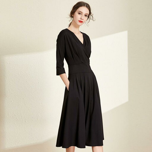 春 コーデ レディース ファッション オシャレ カワイイ シンプル きれいめ ナチュラル 上品カジュアル 婦人服 ブラック ドレス ハイウエスト Vネック フォーマル シーン ロング スカート 春 コーデ レディース ファッション オシャレ カワイイ シンプル きれいめ ナチュラル 上品カジュアル 婦人服 ブラック ドレス ハイウエスト Vネック フォーマル シーン ロング スカート