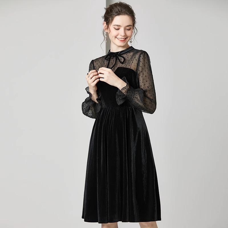 春 コーデ レディース ファッション オシャレ カワイイ シンプル きれいめ ナチュラル 上品カジュアル 婦人服 ベルベット 長袖 黒 ドレス ハイエンド