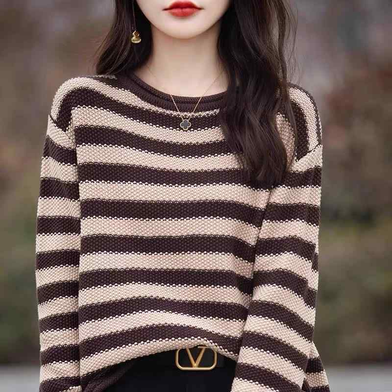 春 コーデ レディース ファッション オシャレ カワイイ シンプル きれいめ ナチュラル 上品カジュアル 婦人服 ストライプ セーター ゆ..