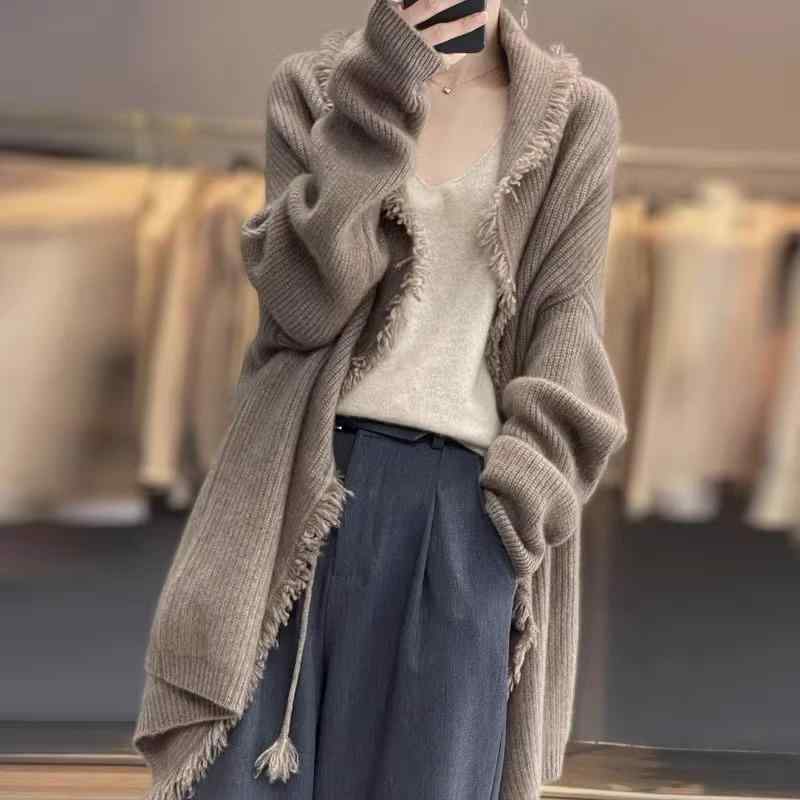 春 コーデ レディース ファッション オシャレ カワイイ シンプル きれいめ ナチュラル 上品カジュアル 婦人服 ハイエンド ウールカーディガン ミドル丈 ゆったり ニット コート ストール