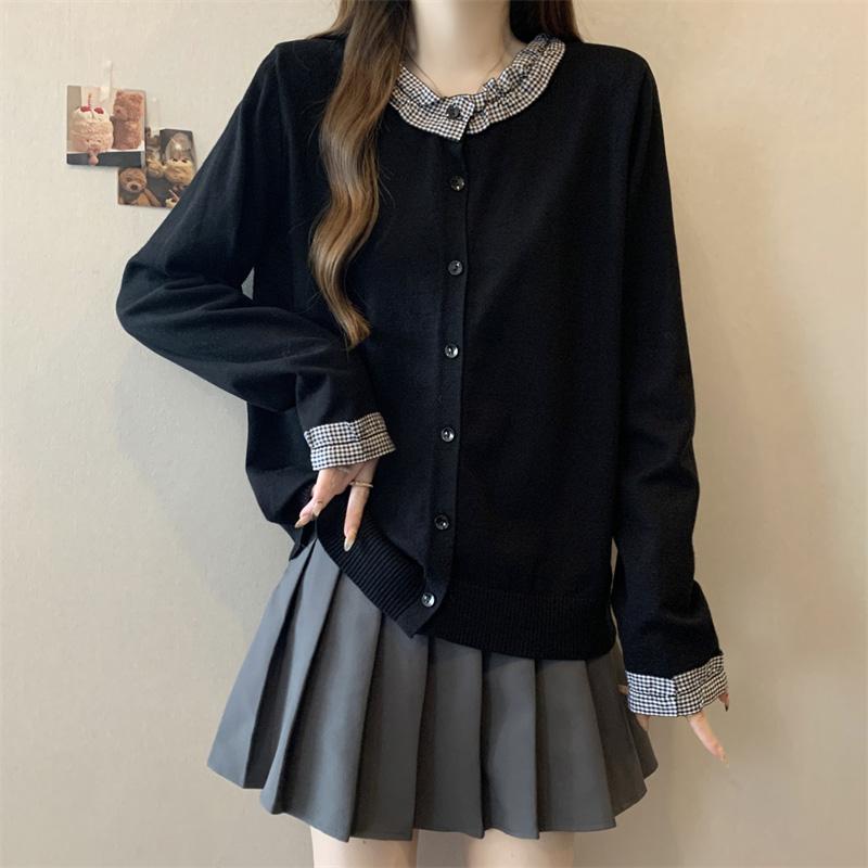 春 コーデ レディース ファッション オシャレ カワイイ シンプル きれいめ ナチュラル 上品カジュアル 婦人服 フリル ブラック ニット カーディガン ジャケット 大きいサイズ スリムトップス