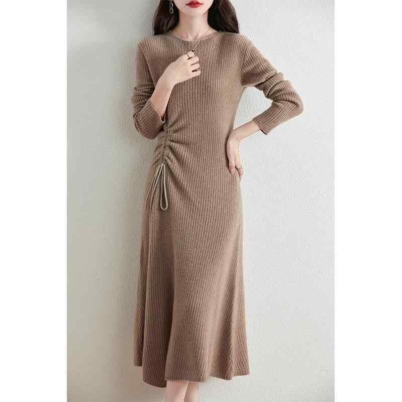 Pleats - 春 コーデ レディース ファッション オシャレ カワイイ シンプル きれいめ ナチュラル 上品カジュアル 婦人服 ハイエンド ウール 長袖 ワンピース ウエスト ドローストリング プリーツ ロング スカート