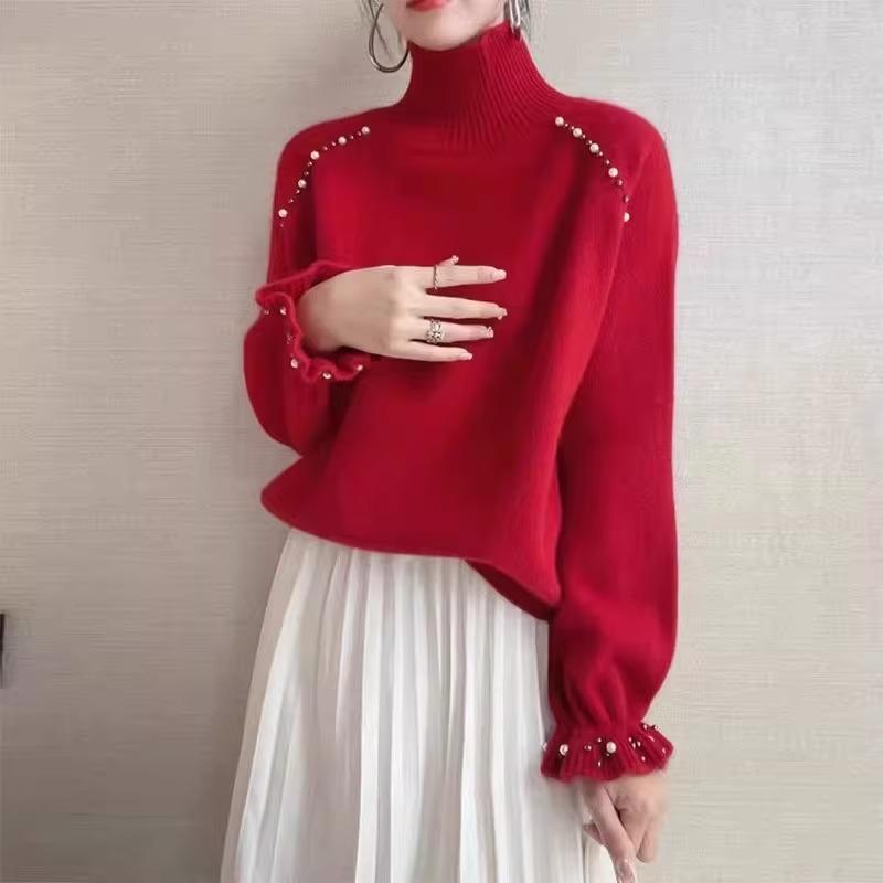 Rakuten - 春 コーデ レディース ファッション オシャレ カワイイ シンプル きれいめ ナチュラル 上品カジュアル 婦人服 ハイエンド レッド タートルネック ビーズ セーター ソフト