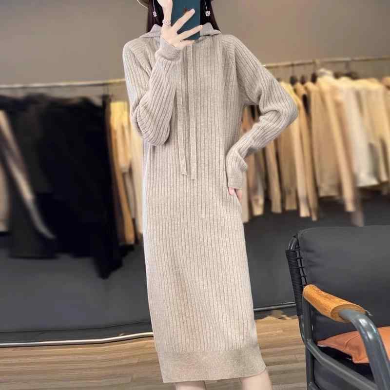 Rakuten - 春 コーデ レディース ファッション オシャレ カワイイ シンプル きれいめ ナチュラル 上品カジュアル 婦人服 フード付き ニット ウール ドレス ミドル丈 セーター ゆったり レイヤリング