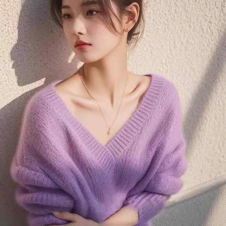 Rakuten - 春 コーデ レディース ファッション オシャレ カワイイ シンプル きれいめ ナチュラル 上品カジュアル 婦人服 紫色 セーター Vネック ゆったり 柔らかい プルオーバー ニット トップス