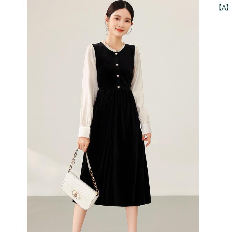 春 コーデ レディース ファッション オシャレ カワイイ シンプル きれいめ ナチュラル 上品カジュアル 婦人服 フレンチ ベルベット ドレス 服 長袖 ウエスト スリミング スカート