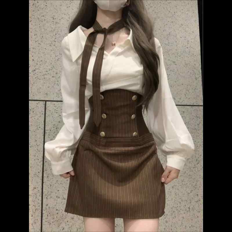 乐天商城 - 春 コーデ レディース ファッション オシャレ カワイイ シンプル きれいめ ナチュラル 上品カジュアル 婦人服 衣装 白 シャツ ハイウエスト ウエスト スカート ハイエンド ツーピース スーツ