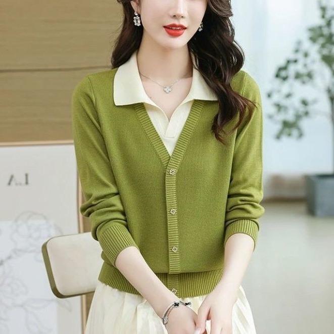 春 コーデ レディース ファッション オシャレ カワイイ シンプル きれいめ ナチュラル 上品カジュアル 婦人服 トップス フェイク ツーピース シャツ セーター スリム ニット レイヤリング