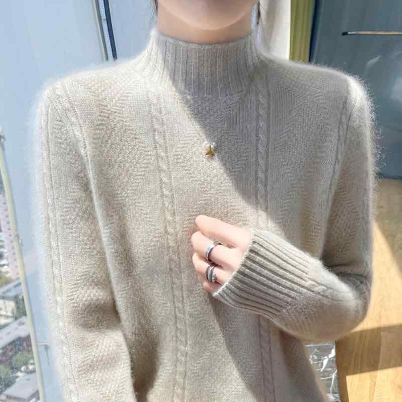 春 コーデ レディース ファッション オシャレ カワイイ シンプル きれいめ ナチュラル 上品カジュアル 婦人服 ウール セーター ツイスト ハーフ ハイネック 快適 ニット レイヤリング トップス 大きいサイズ
