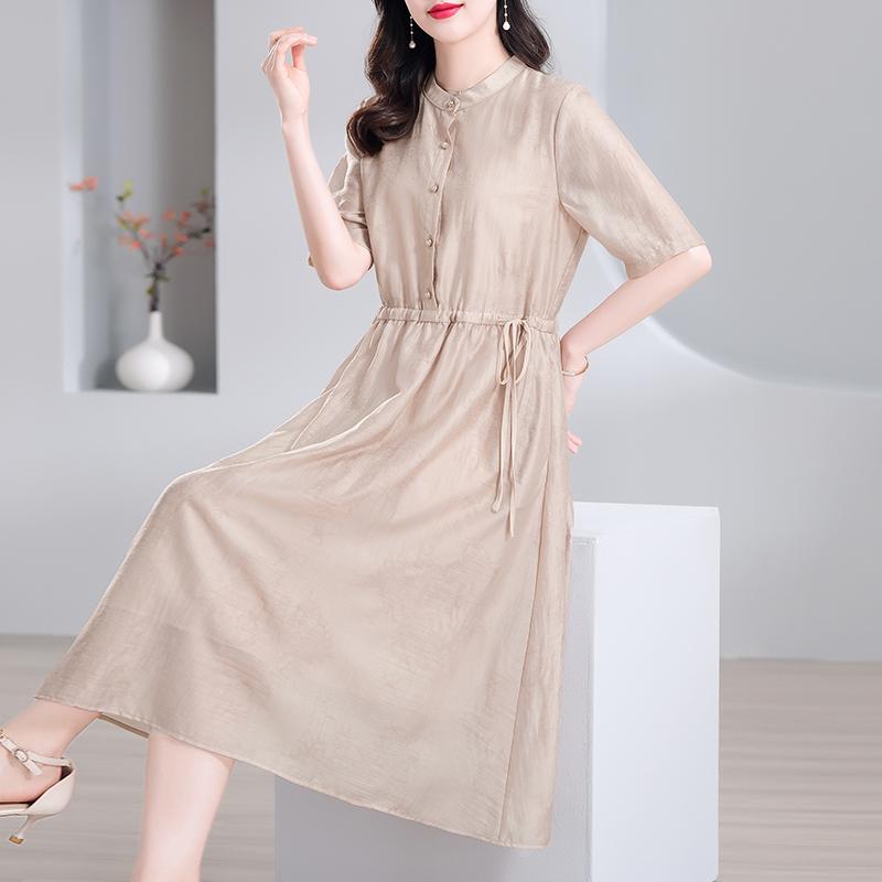 Rakuten - 春 コーデ レディース ファッション オシャレ カワイイ シンプル きれいめ ナチュラル 上品カジュアル 婦人服 テンセル ドレス 夏 ハイエンド スタンドカラー ロング スカート
