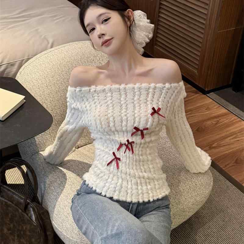 春 コーデ レディース ファッション オシャレ カワイイ シンプル きれいめ ナチュラル 上品カジュアル 婦人服 ふわふわ オフショルダー リボン 長袖 スリムトップス Tシャツ