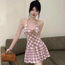 春 コーデ レディース ファッション オシャレ カワイイ シンプル きれいめ ナチュラル 上品カジュアル 婦人服 Vネック ストラップ チェック柄 プリント スカート インナーウェア ホルターネック ボトム ドレス