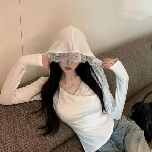 春 コーデ レディース ファッション オシャレ カワイイ シンプル きれいめ ナチュラル 上品カジュアル 婦人服 レース フード付き Tシャツ プリーツ スリム ボトム 長袖 トップス 春 コーデ レディース ファッション オシャレ カワイイ シンプル きれいめ ナチュラル 上品カジュアル 婦人服 レース フード付き Tシャツ プリーツ スリム ボトム 長袖 トップス