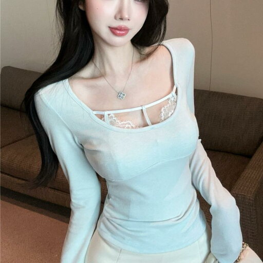 春 コーデ レディース ファッション オシャレ カワイイ シンプル きれいめ ナチュラル 上品カジュアル 婦人服 Uネック レース フェイク ツーピース スリムフィット 長袖 Tシャツ トップス 春 コーデ レディース ファッション オシャレ カワイイ シンプル きれいめ ナチュラル 上品カジュアル 婦人服 Uネック レース フェイク ツーピース スリムフィット 長袖 Tシャツ トップス