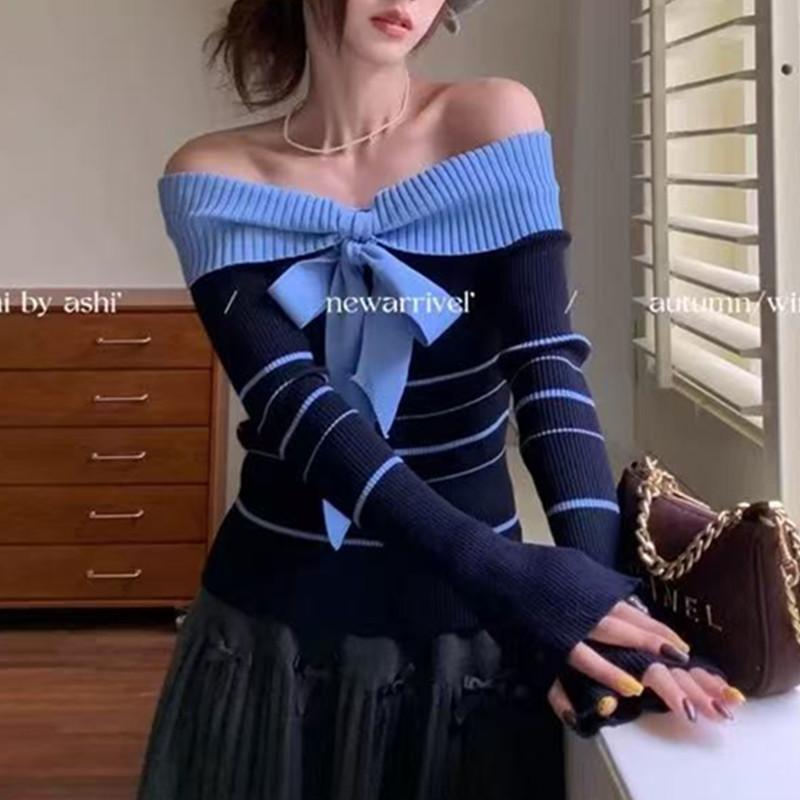 春 コーデ レディース ファッション オシャレ カワイイ シンプル きれいめ ナチュラル 上品カジュアル 婦人服 ストライプ セーター インナーウェア オフショルダー トップス