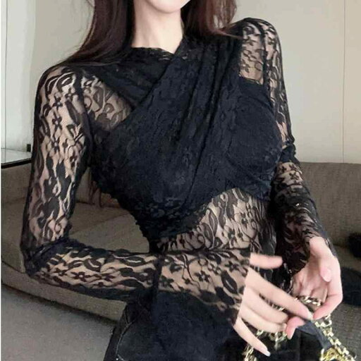 春 コーデ レディース ファッション オシャレ カワイイ シンプル きれいめ ナチュラル 上品カジュアル 婦人服 インナー セクシー レース トップス ハイエンド トランペット スリーブ 黒 スリム 長袖 ブラウス 春 コーデ レディース ファッション オシャレ カワイイ シンプル きれいめ ナチュラル 上品カジュアル 婦人服 インナー セクシー レース トップス ハイエンド トランペット スリーブ 黒 スリム 長袖 ブラウス