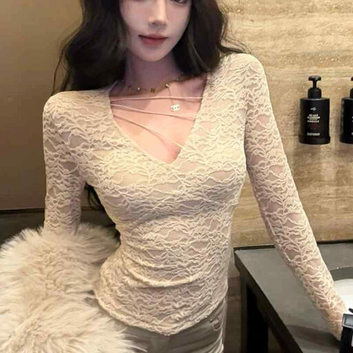 春 コーデ レディース ファッション オシャレ カワイイ シンプル きれいめ ナチュラル 上品カジュアル 婦人服 クラシック ストラップ Vネック スリム レース シャツ トップス 春 コーデ レディース ファッション オシャレ カワイイ シンプル きれいめ ナチュラル 上品カジュアル 婦人服 クラシック ストラップ Vネック スリム レース シャツ トップス