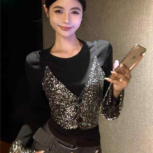 春 コーデ レディース ファッション オシャレ カワイイ シンプル きれいめ ナチュラル 上品カジュアル 婦人服 クラシック セクシー スリム フェイク ツーピース スパンコール ステッチ 長袖 Tシャツ レイヤリング ブラック トップス 春 コーデ レディース ファッション オシャレ カワイイ シンプル きれいめ ナチュラル 上品カジュアル 婦人服 クラシック セクシー スリム フェイク ツーピース スパンコール ステッチ 長袖 Tシャツ レイヤリング ブラック トップス