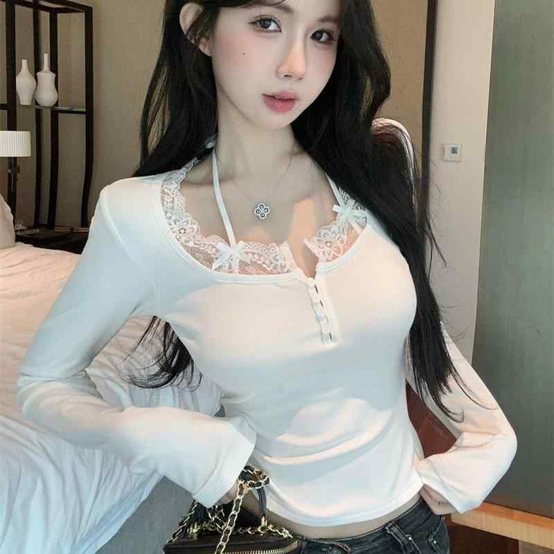 春 コーデ レディース ファッション オシャレ カワイイ シンプル きれいめ ナチュラル 上品カジュアル 婦人服 セクシー リボン フェイク ツーピース レース ホルターネック 長袖 シャツ ホワイト インナートップ
