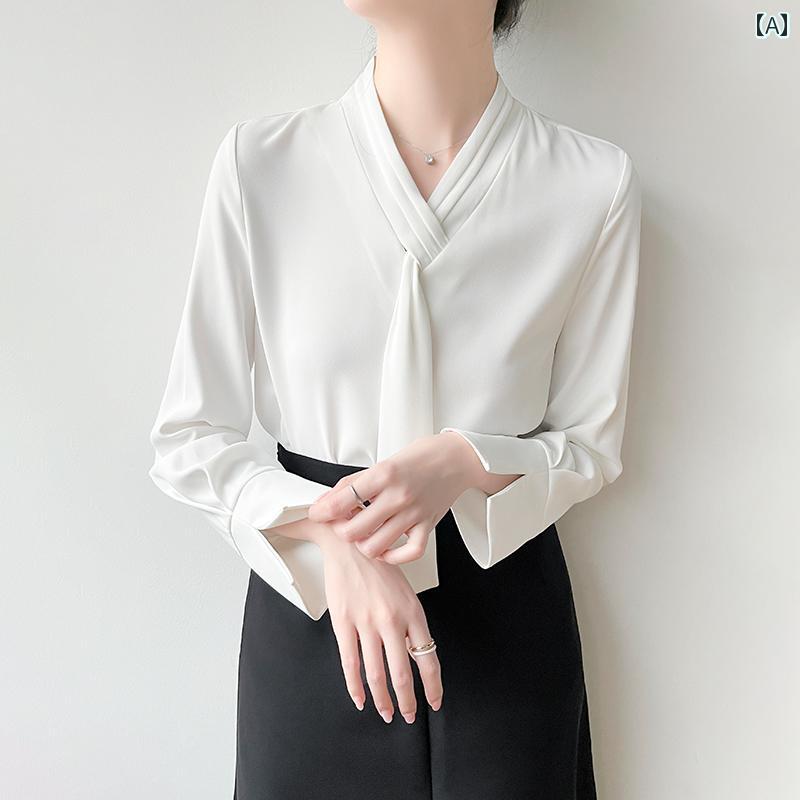 レディースファッション　おしゃれ　かわいい　韓国ファッション ホワイト シフォンシャツ レディース 春 通勤 ビジネスウェア シャツ デザイン リボン 付き Vネック トップス