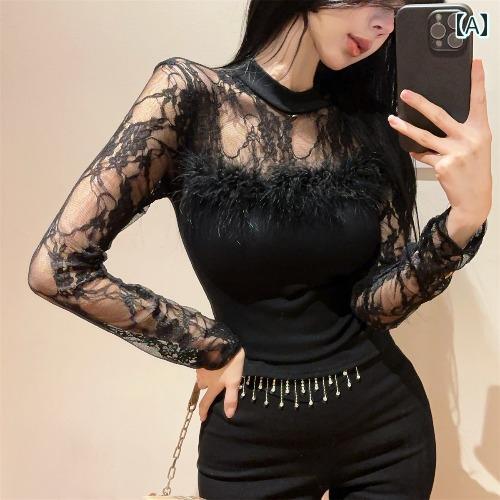 春 コーデ レディース ファッション オシャレ カワイイ シンプル きれいめ ナチュラル 上品カジュアル 婦人服 黒 レース ファー 長袖 レイヤリング シャツ インナーウェア トップス