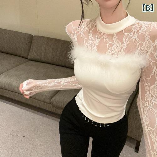 春 コーデ レディース ファッション オシャレ カワイイ シンプル きれいめ ナチュラル 上品カジュアル 婦人服 黒 レース ファー 長袖 レイヤリング シャツ インナーウェア トップス