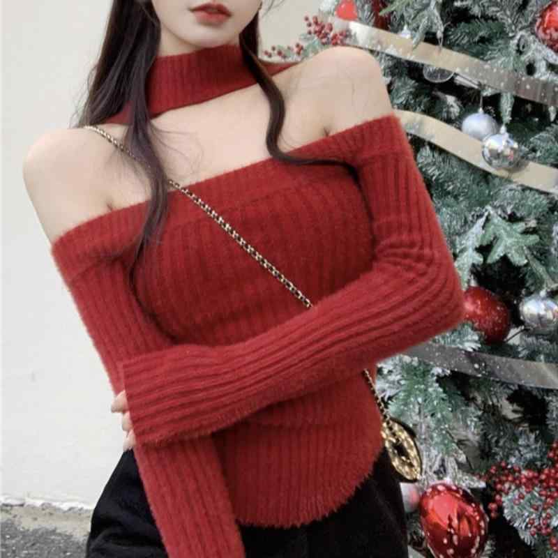 春 コーデ レディース ファッション オシャレ カワイイ シンプル きれいめ ナチュラル 上品カジュアル 婦人服 ホルターネック ニット レイヤリング シャツ ソフト セーター オフショルダー 長袖 トップス