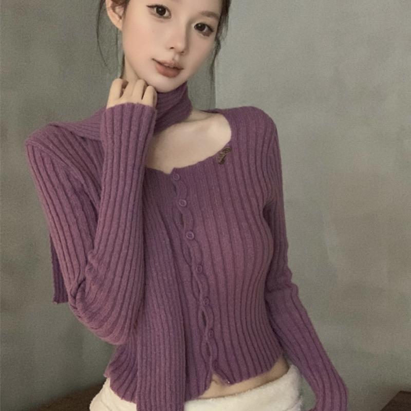 Square Neck - 春 コーデ レディース ファッション オシャレ カワイイ シンプル きれいめ ナチュラル 上品カジュアル 婦人服 紫 スクエアネック 長袖 ニット セーター ガールズ ホルターネック スリム レイヤリング トップス