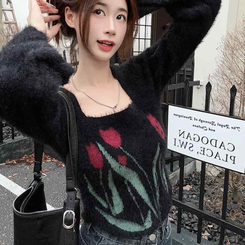 Rakuten - 春 コーデ レディース ファッション オシャレ カワイイ シンプル きれいめ ナチュラル 上品カジュアル 婦人服 ブラック スイート トランペット スリーブ スクエア カラー ロング トップス イミテーション ジャカード ニット セーター
