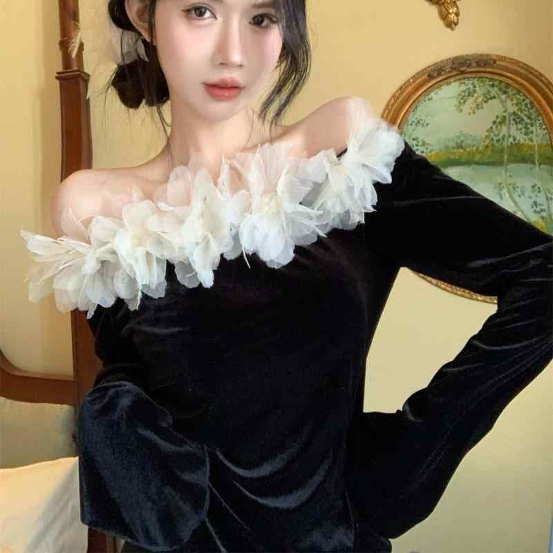 春 コーデ レディース ファッション オシャレ カワイイ シンプル きれいめ ナチュラル 上品カジュアル 婦人服 襟 ベルベット トップス フレンチ クラシック トランペット スリーブ 長袖 Tシャツ レイヤリング