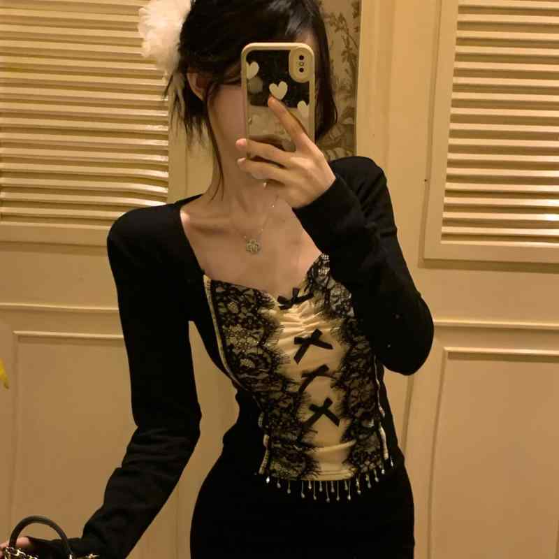 春 コーデ レディース ファッション オシャレ カワイイ シンプル きれいめ ナチュラル 上品カジュアル 婦人服 スクエアネック レース 長袖 Tシャツ ハイエンド インナーウェア トップス