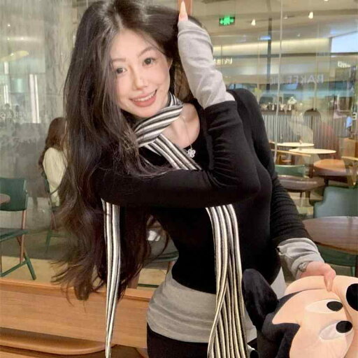 春 コーデ レディース ファッション オシャレ カワイイ シンプル きれいめ ナチュラル 上品カジュアル 婦人服 フェイク ツーピース インナー Tシャツ ストライプ スカーフ 長袖 トップス スリム レイヤリング 春 コーデ レディース ファッション オシャレ カワイイ シンプル きれいめ ナチュラル 上品カジュアル 婦人服 フェイク ツーピース インナー Tシャツ ストライプ スカーフ 長袖 トップス スリム レイヤリング