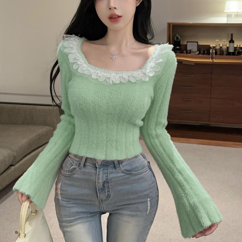 Square Neck - 春 コーデ レディース ファッション オシャレ カワイイ シンプル きれいめ ナチュラル 上品カジュアル 婦人服 スクエアネック セーター 長袖 トップス ソフト