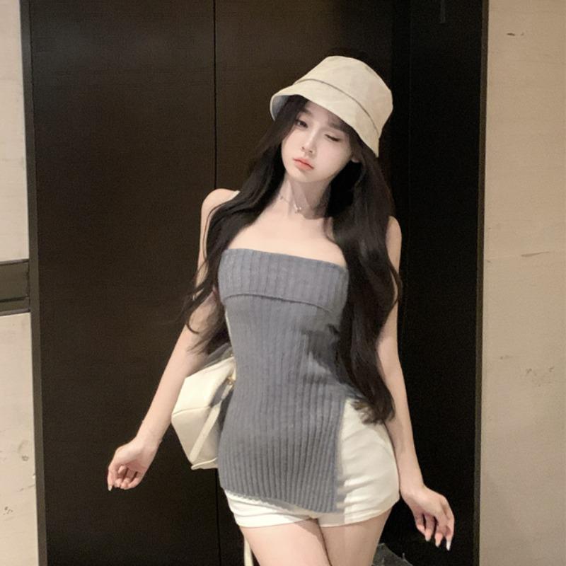春 コーデ レディース ファッション オシャレ カワイイ シンプル きれいめ ナチュラル 上品カジュアル 婦人服 ニット チューブ トップス ボトム ベスト 伸縮性 ストレッチ ストレッチ グレー ノースリーブ トップス