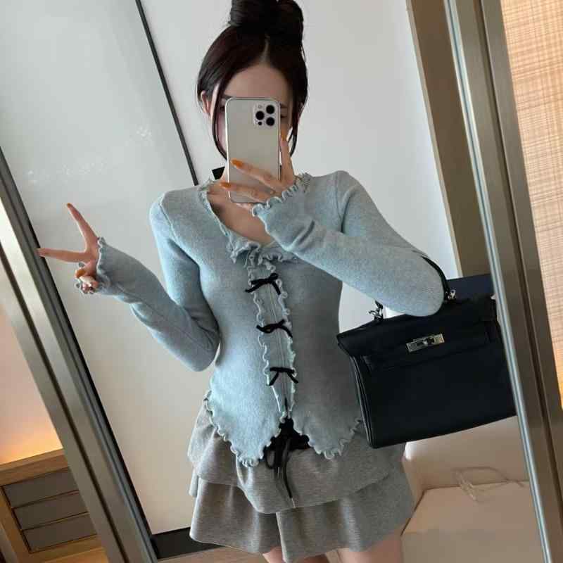 乐天商城 - 春 コーデ レディース ファッション オシャレ カワイイ シンプル きれいめ ナチュラル 上品カジュアル 婦人服 縁 リボン ニット トップス レイヤリング シャツ インナー 長袖 T
