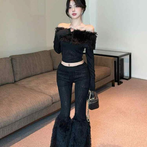 春 コーデ レディース ファッション オシャレ カワイイ シンプル きれいめ ナチュラル 上品カジュアル 婦人服 プラッシュ オフショルダー ブラック レイヤリング トップス ハイウエスト フレアパンツ スーツ 春 コーデ レディース ファッション オシャレ カワイイ シンプル きれいめ ナチュラル 上品カジュアル 婦人服 プラッシュ オフショルダー ブラック レイヤリング トップス ハイウエスト フレアパンツ スーツ