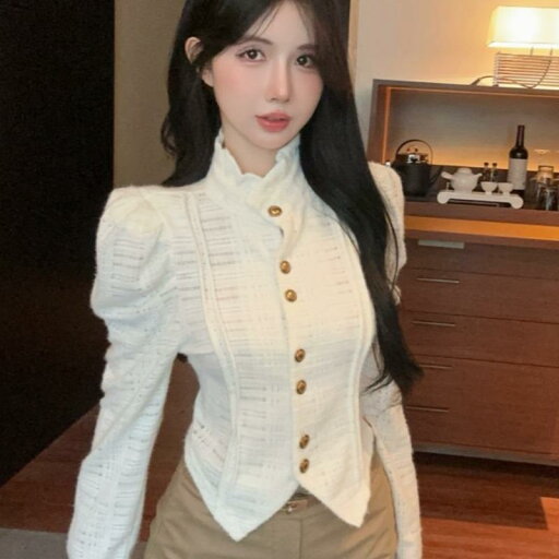 春 コーデ レディース ファッション オシャレ カワイイ シンプル きれいめ ナチュラル 上品カジュアル 婦人服 西洋風 フリル スタンドカラー パフスリーブ 長袖 シャツ スイート トップス 春 コーデ レディース ファッション オシャレ カワイイ シンプル きれいめ ナチュラル 上品カジュアル 婦人服 西洋風 フリル スタンドカラー パフスリーブ 長袖 シャツ スイート トップス