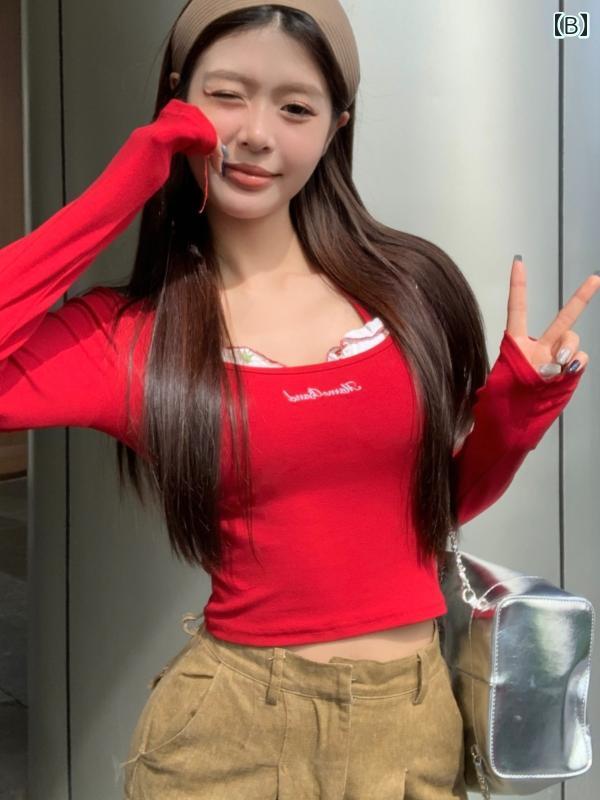 リコットの春 コーデ レディース ファッション オシャレ カワイイ シンプル きれいめ ナチュラル 上品カジュアル 婦人服 赤 Uネック ハイエンド トップス ホルターネック インナーウェア Tシャツ レイヤリング｜アングル3