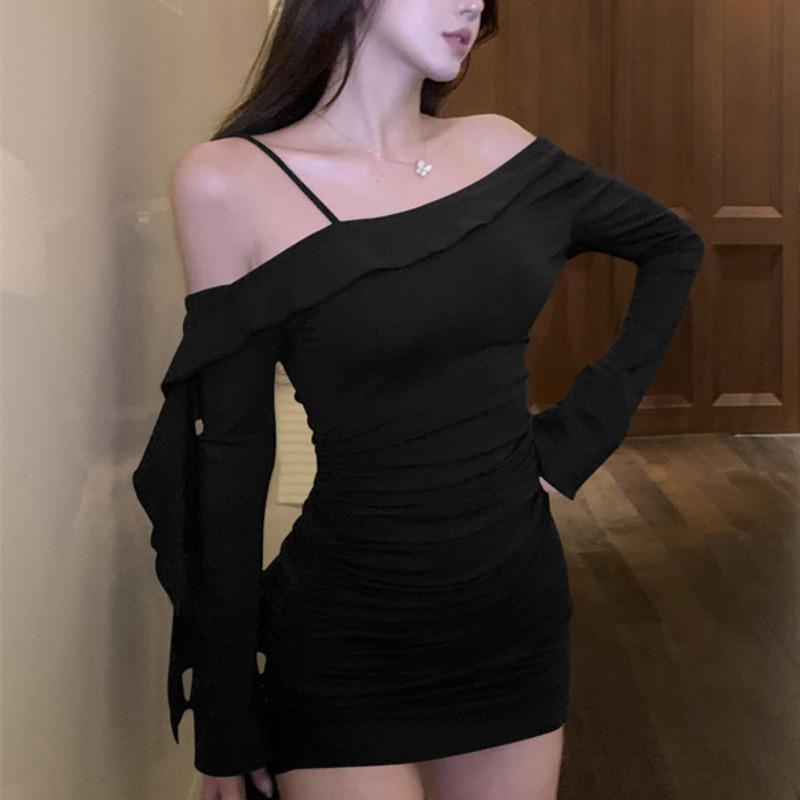 Rakuten - 春 コーデ レディース ファッション オシャレ カワイイ シンプル きれいめ ナチュラル 上品カジュアル 婦人服 スリング スリム フリル 長袖 ドレス オフショルダー ボトム スカート