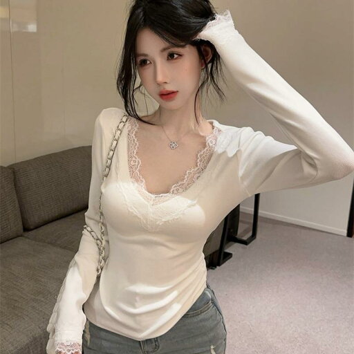 春 コーデ レディース ファッション オシャレ カワイイ シンプル きれいめ ナチュラル 上品カジュアル 婦人服 Vネック レース 縁 服 ハイエンド 白 Tシャツ スリム トップス 春 コーデ レディース ファッション オシャレ カワイイ シンプル きれいめ ナチュラル 上品カジュアル 婦人服 Vネック レース 縁 服 ハイエンド 白 Tシャツ スリム トップス