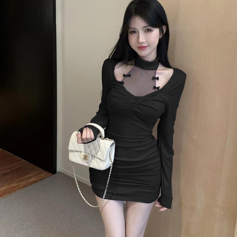 春 コーデ レディース ファッション オシャレ カワイイ シンプル きれいめ ナチュラル 上品カジュアル 婦人服 スカート セクシー ブラック スリム ホルターネック タイト 伸縮性 ストレッチ ストレッチ 長袖 ドレス