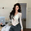 春 コーデ レディース ファッション オシャレ カワイイ シンプル きれいめ ナチュラル 上品カジュアル 婦人服 ディープ V レース 長袖 レイヤリング シャツ ハイエンド ジッパー セクシー ジャンプ スーツ