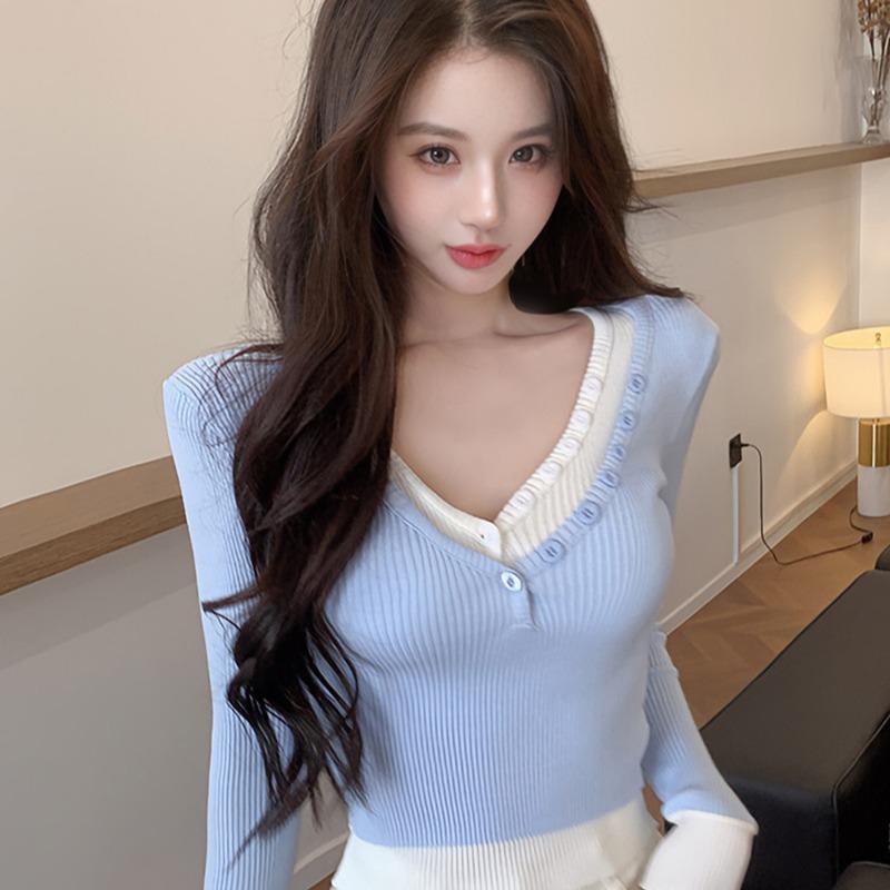 V-Neck - 春 コーデ レディース ファッション オシャレ カワイイ シンプル きれいめ ナチュラル 上品カジュアル 婦人服 Vネック ボタン 長袖 ニット セーター セクシー インナーウェア ボトムトップ